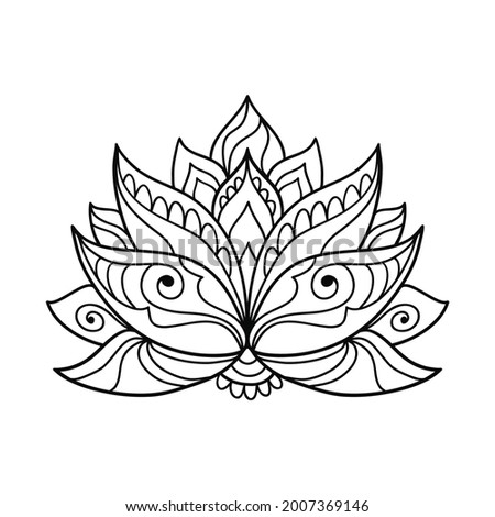 Hand drawn lotus flower tattoo design. Graphic mandala pattern in linear style. Boho outline vector illustration isolated on white background. Doodle mystic indian symbol.