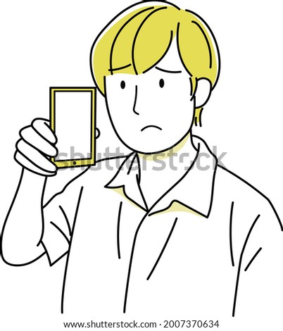 Upper body man holding a smartphone with a troubled face