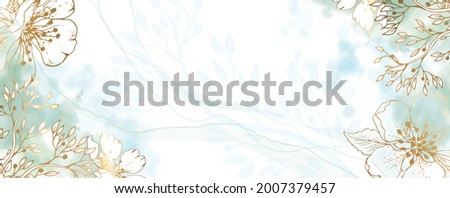 Luxurious golden wallpaper. Banner with white background blue and green watercolor stains. Golden cherry leaves wall art with shiny light texture. Modern art mural wallpaper. Vector illustration.