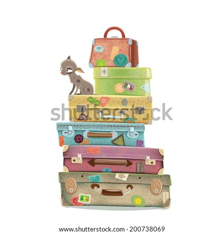 Collection of travel suitcases and dog. Dog travel. Vector illustration