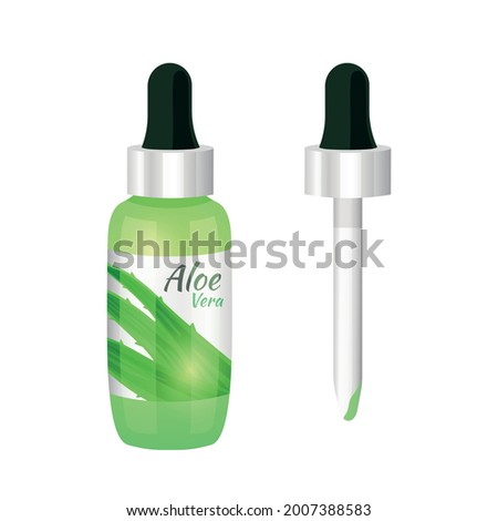 Aloe Vera serum glass bottle with dropper, isolated on white background. Vector illustration in flat cartoon style 