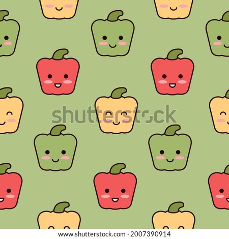 Cute character bell pepper. Seamless vegetable pattern. Summer garden texture with healthy vegan food. Ripe sweet peppers. Kawaii cartoons smile at kids. Funny green background for kitchen textiles.
