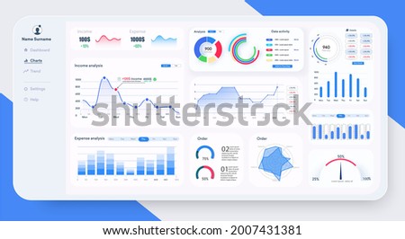 Dashboard, great design for any site purposes. Business infographic template. Vector flat illustration. Big data concept Dashboard user admin panel template design. Analytics ui, ux admin dashboard.