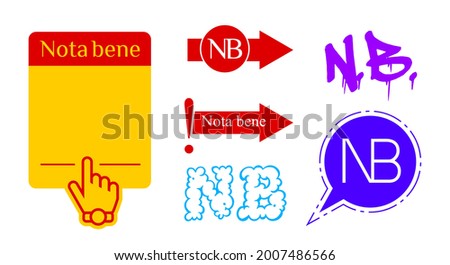 Nota bene latin phrase colored icons. NB abbreviation and note page. Hand cursor with wristwatch. Isolated vector illustration.