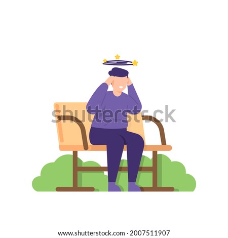 illustration of a man sitting on a park bench and experiencing dizziness. suffer from migraines, headaches, many thoughts and problems. mental health. flat cartoon style. vector element design Royalty-Free Stock Photo #2007511907