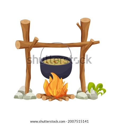 Black camping pot over a campfire in cartoon style isolated on white background. Wooden sticks, fire with logs, decorated with grass. Picnic cooking, travel preparation.