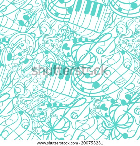 Abstract vector background. Seamless pattern with waves, notes, music, curls, doodles, strips. Illustration can be used as a template for web pages, design element for packaging and postcards.