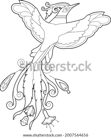 Contour linear illustration for coloring book with paradise bird. Beautiful tropical exotic bird,  anti stress picture. Line art design for adult or kids  in zentangle style and coloring page.