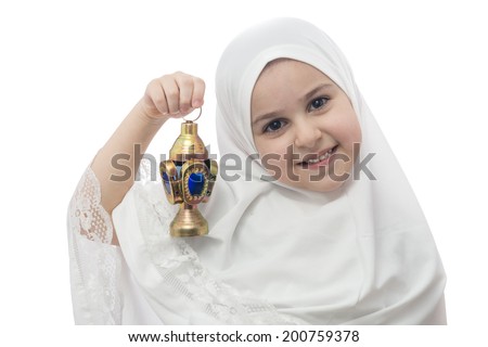 Young Girl  in White Hejab with Ramadan Lantern Isolated on White Background