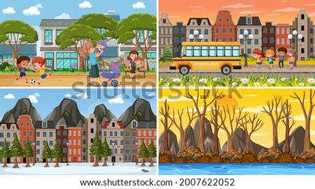 Four different scenes with children cartoon character illustration