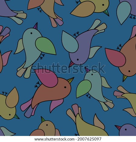 Cute seamless colorful vector pattern illustration colorful design of cartoon birds in dark tones on blue. The design is perfect for wrapping paper, wallpaper, textiles, backgrounds