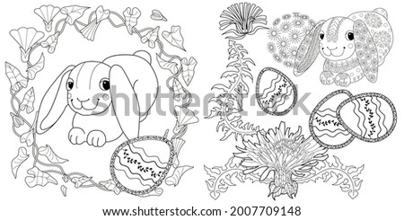 Easter egg hunt in flowers. Little bunny collecting painted eggs 
among flowers, a black and white vector illustration for a coloring book. Art therapy coloring page.