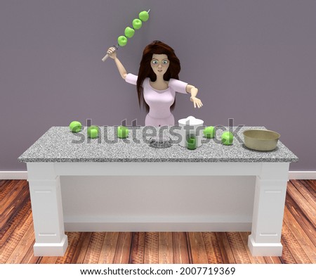 Girl makes green apples fresh juice using her Katana sword  in the kitchen 3d illustration