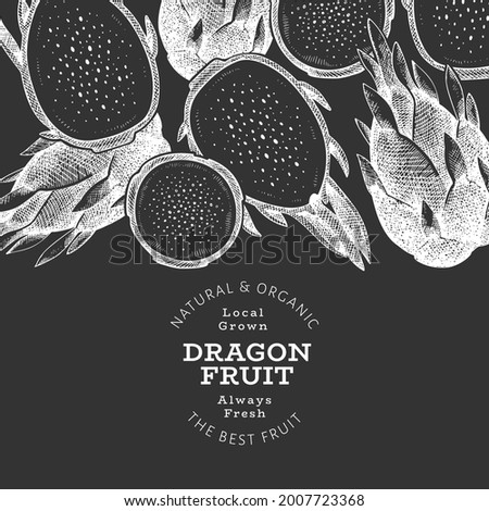 Hand drawn dragon fruit design template. Organic fresh food vector illustration on chalk board. Retro pitaya fruit banner.