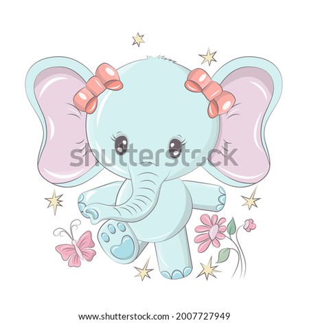 Elephant in a funny cartoon style. Cute animal illustration for baby products. The animal in the vector smile cutely and has beautiful eyes. Illustration for children's parties.