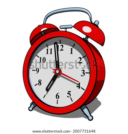 Red classic alarm clock with shadow isolated on white background. Semi realistic vector illustration