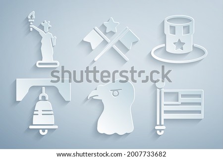 Set Eagle head, Patriotic American top hat, Liberty bell in Philadelphia, flag,  and Statue of icon. Vector