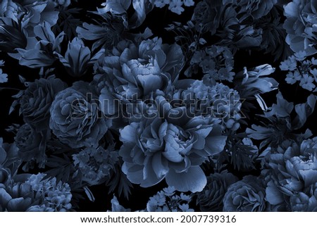 Floral vintage seamless pattern. Blooming peonies, roses, tulips, garden flowers, decorative herbs, leaves. Black and white background. For decoration packaging, interior, textile, paper, wallpaper. Royalty-Free Stock Photo #2007739316