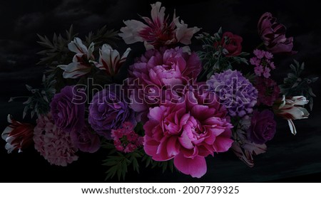 Luxurious baroque bouquet. Beautiful garden flowers and leaves on black background. Pink peonies, roses, tulips and hydrangea. Luxury design. Vintage illustration. Floral wedding decoration.