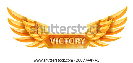 Angel golden victory wings, game award vector badge, level up achievement reward, metal emblem. Luxury success abstract sign, geometric feathers, business label on white. Golden phoenix wings clipart Royalty-Free Stock Photo #2007744941