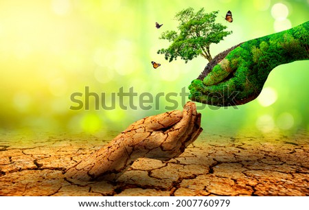 tree in two hands  with very different environments Earth Day or World Environment Day Global Warming and Pollution Royalty-Free Stock Photo #2007760979