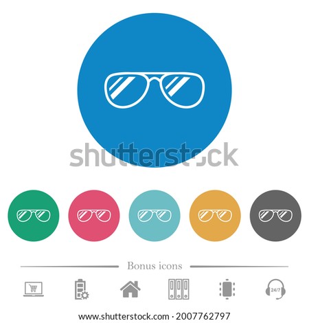 Glasses with glosses flat white icons on round color backgrounds. 6 bonus icons included.