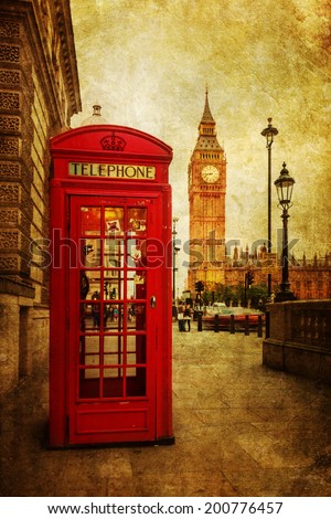 vintage style picture of a red phone box in London with the Big Ben in the background