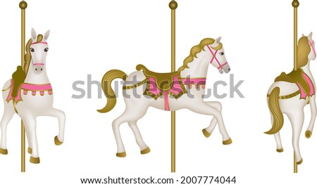 isolated carousel horses. top, side and back view