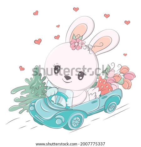 Animal for baby products and holidays. Cute rabbit with funny eyes, character illustration is made in cartoon style. Isolated animal illustration in kawaii style, for colorful prints for goods.