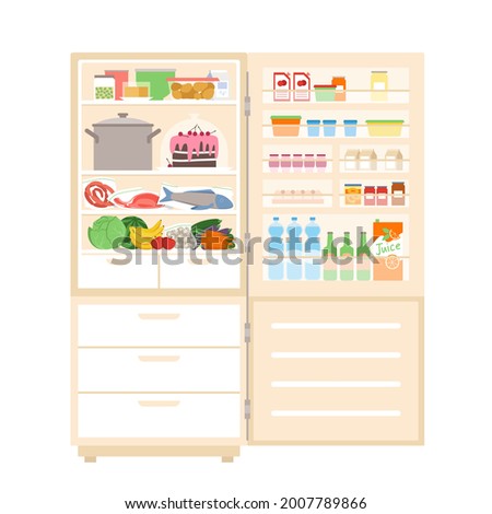 Refrigerator fridge full of food, with open door, inside of equipment for home kitchen