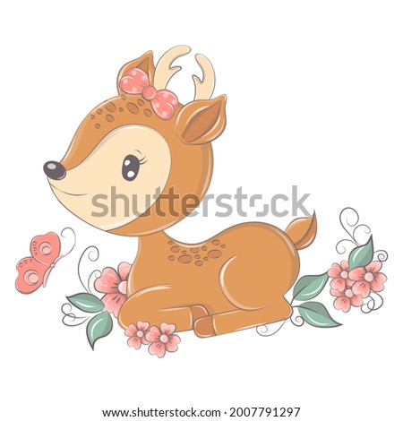Animal for baby products and holidays. Cute deer with funny eyes, character illustration is made in cartoon style. Isolated animal illustration in kawaii style, for colorful prints for goods.