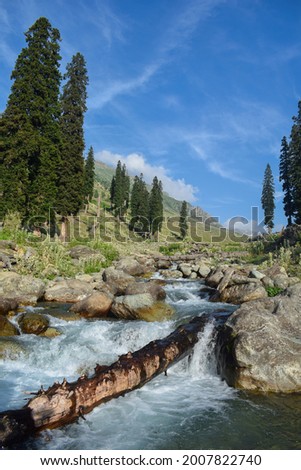 A glacial river flowing through alphine mountaineous meadow in kashmir Royalty-Free Stock Photo #2007822740