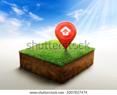 House symbol with location pin icon on cubical soil land geology cross section with green grass, ground ecology isolated on blue sky. real estate sale or property investment concept. 3d illustration. Royalty-Free Stock Photo #2007827474