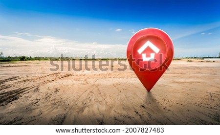 House symbol with location pin icon on empty dry cracked swamp reclamation soil in real estate sale or property investment concept, Buying new home for family - 3d illustration of big advertising sign Royalty-Free Stock Photo #2007827483
