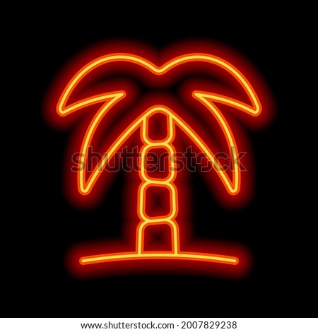 Palm tree, simple icon. Orange neon style on black background. Light linear icon with editable stroke