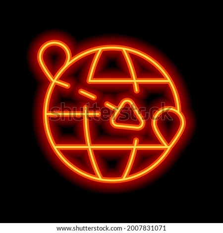 Globe and plane, air travel, around the world, simple business icon. Orange neon style on black background. Light linear icon with editable stroke