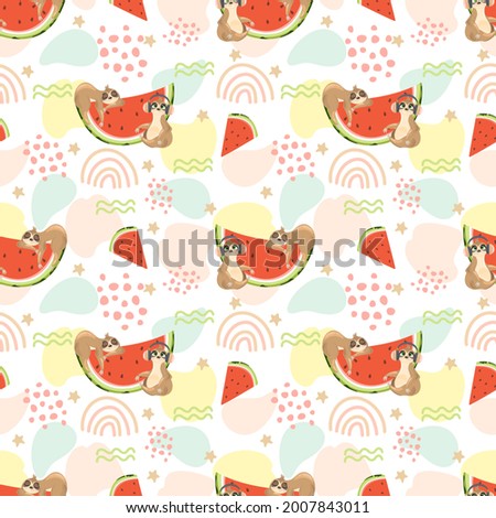 Seamless pattern with a cute sloth on a summer background. Vector illustration.
