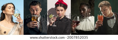 Enjoy delicious alcoholic drinks. Medieval people as historical persons in vintage clothing on dark background. Concept of comparison of eras, modernity. Creative collage. Flyer Royalty-Free Stock Photo #2007852035