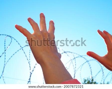 Hands reach up to the barbed wire against the blue sky