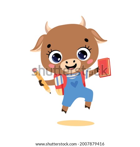 Vector flat doodle illustration of cute cartoon cow bull goes to school. Animals back to school