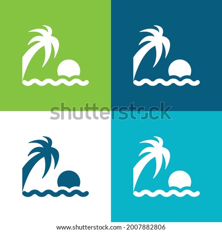 Beach Sunset Flat four color minimal icon set