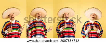 Drinking tequila. Collage of 4 images of young man in ethnical mexican clothes and sombrero isolated over yellow studio background. Concept of emotions, facial expression, fun.