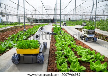 Agriculture robotic and autonomous car working in smart farm, Future 5G technology with smart agriculture farming concept Royalty-Free Stock Photo #2007966989