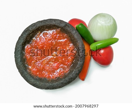 Mexican traditional spicy red sauce, top view. Royalty-Free Stock Photo #2007968297