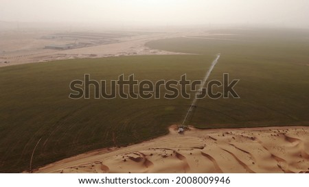 AERIAL. Circular green irrigation patches for agriculture in the desert. Dubai, UAE. Royalty-Free Stock Photo #2008009946