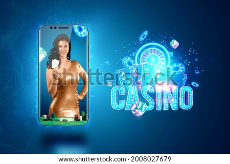 Concept for online casino, gambling, online money games, bets. Smartphone and pretty girl with playing cards in hand. Website header, flyer, poster, template for advertising