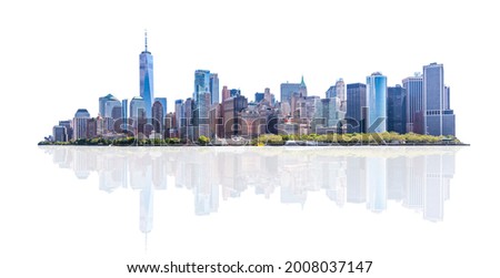 Skyline panorama of downtown Financial District and the Lower Manhattan in New York City, USA. isolated on white background with reflection