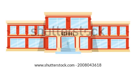 Front view of a classic school building with big windows and doors. Flat, cartoon style vector illustration isolated on white background. Elementary or high school architecture.

