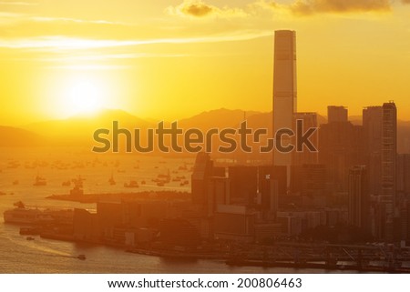 Hong Kong sunset with office buildings 