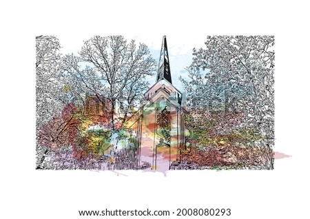 Building view with landmark of Hot Springs is a city in Arkansas. HWatercolor splash with hand drawn sketch illustration in vector.